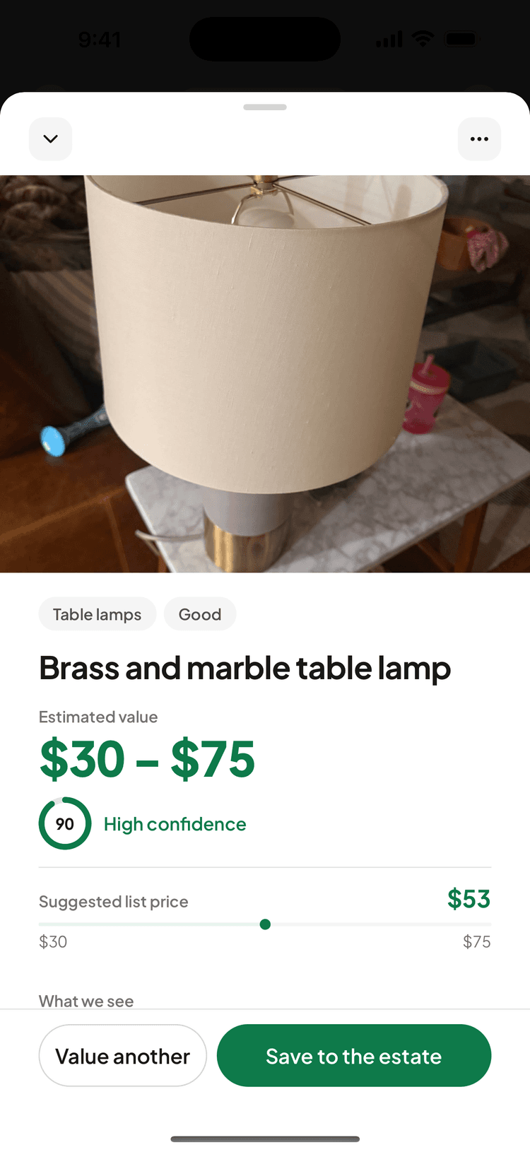 The Attic Scout app showing a scanned lamp with its estimated value range and confidence