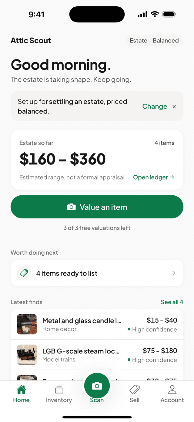 The Estate Ledger screen listing scanned items with their value ranges and a running total