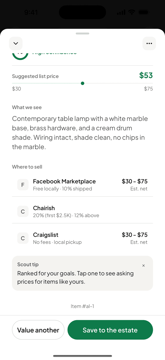 The venue breakdown screen showing where each item will sell for the most